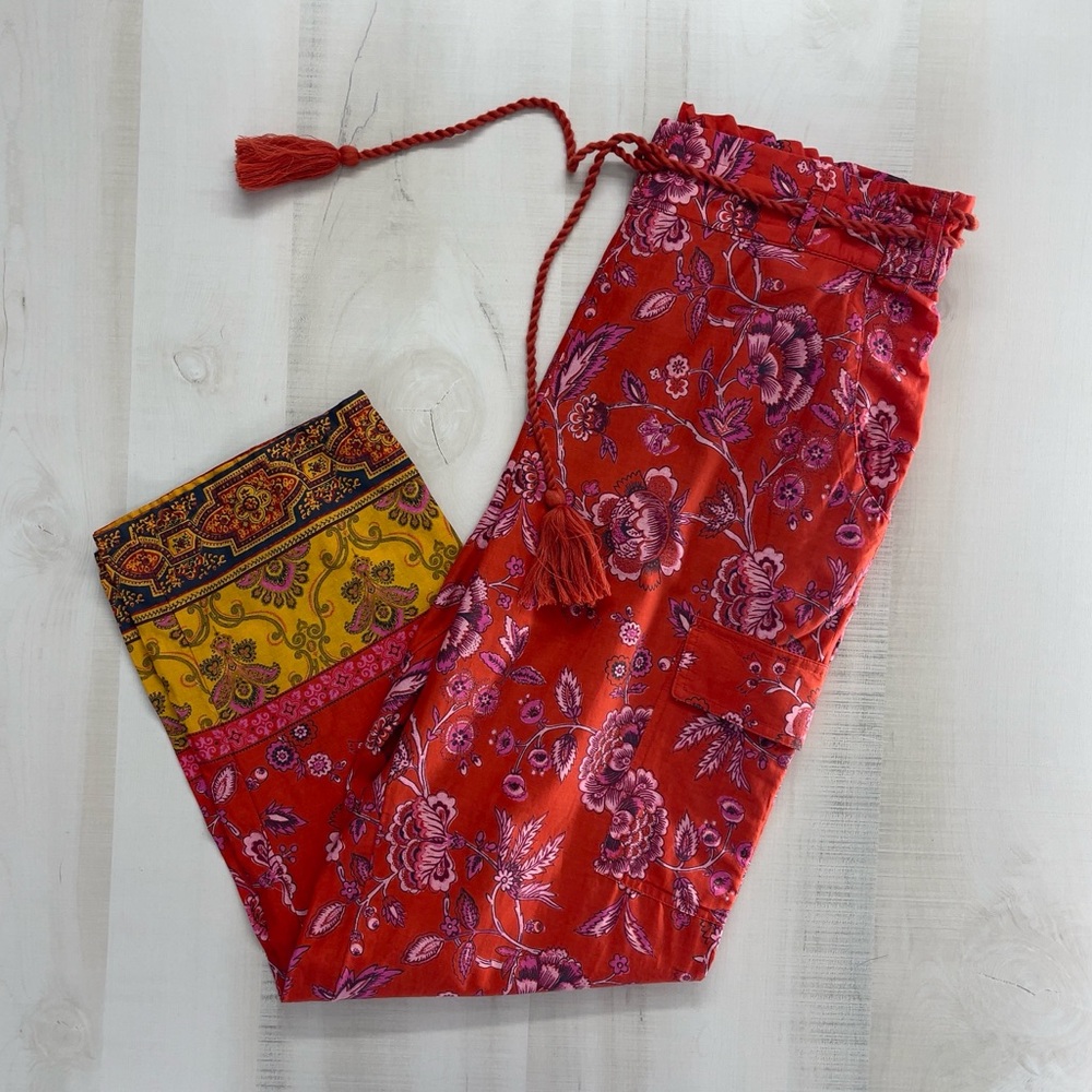 SUNDANCE vibrant reef cargo printed boho pants tassel cotton lounge travel S